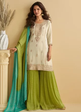 Embroidered and Sequins Work Chinon Palazzo Salwar Suit In Cream