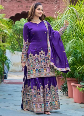 Embroidered and Sequins Work Chinon Palazzo Salwar Suit In Purple Color