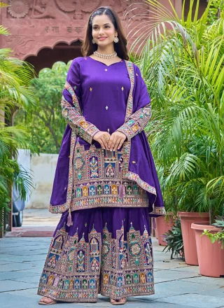 Embroidered and Sequins Work Chinon Palazzo Salwar Suit In Purple Color