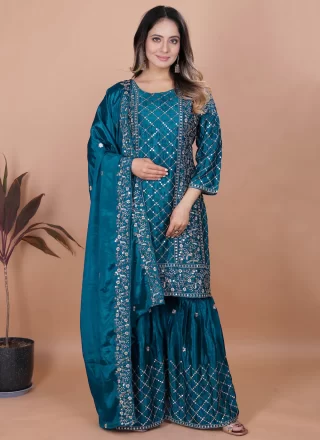 Embroidered and Sequins Work Chinon Readymade Salwar Suit In Teal for Festival