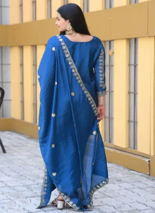 Embroidered and Sequins Work Chinon Salwar Suit In Blue Color