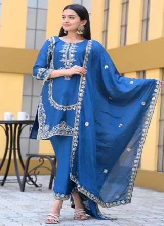 Embroidered and Sequins Work Chinon Salwar Suit In Blue Color