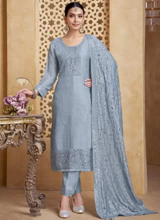 Embroidered and Sequins Work Chinon Salwar Suit In Grey