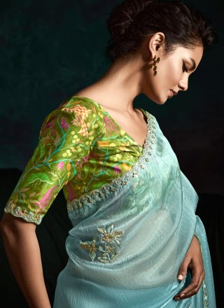Embroidered and Sequins Work Fancy Fabric Trendy Saree In Aqua Blue for Ceremonial