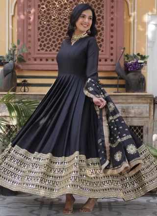 Embroidered and Sequins Work Faux Georgette Designer Gown In Black for Festival
