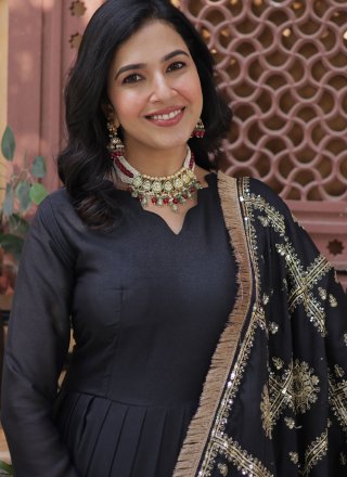 Embroidered and Sequins Work Faux Georgette Designer Gown In Black for Festival