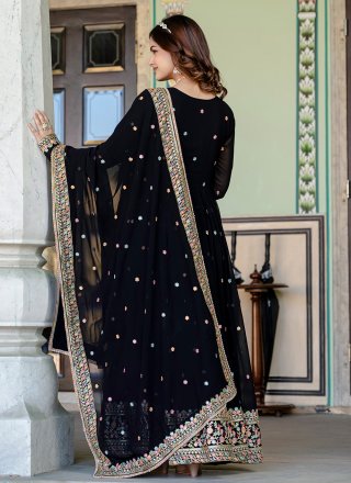 Embroidered and Sequins Work Faux Georgette Gown In Black