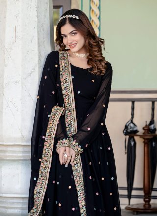 Embroidered and Sequins Work Faux Georgette Gown In Black