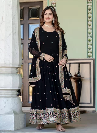 Embroidered and Sequins Work Faux Georgette Gown In Black