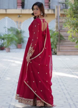 Embroidered and Sequins Work Faux Georgette Gown In Magenta and Pink for Ceremonial
