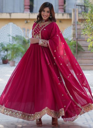 Embroidered and Sequins Work Faux Georgette Gown In Magenta and Pink for Ceremonial