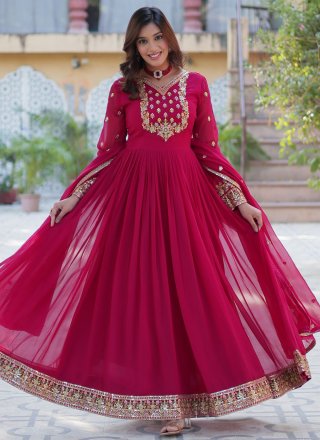 Embroidered and Sequins Work Faux Georgette Gown In Magenta and Pink for Ceremonial