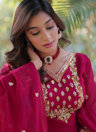 Embroidered and Sequins Work Faux Georgette Gown In Magenta and Pink for Ceremonial