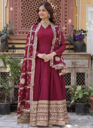 Embroidered and Sequins Work Faux Georgette Gown In Maroon for Festival