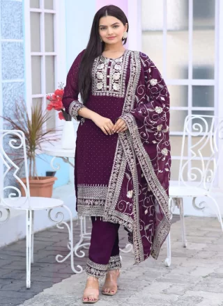 Embroidered and Sequins Work Faux Georgette Pant Style Suit In Purple Color
