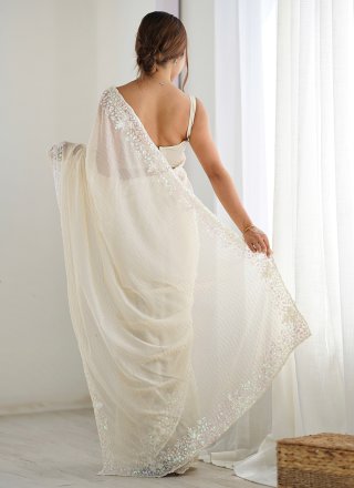 Embroidered and Sequins Work Georgette Classic Sari In Cream for Ceremonial