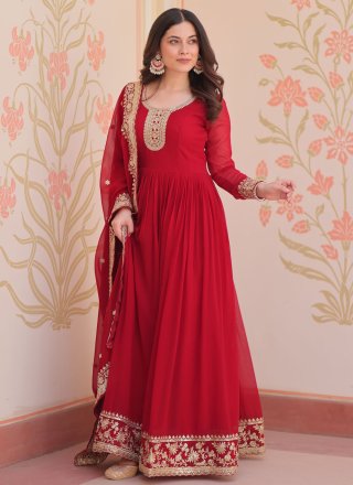 Embroidered and Sequins Work Georgette Gown In Maroon for Festival