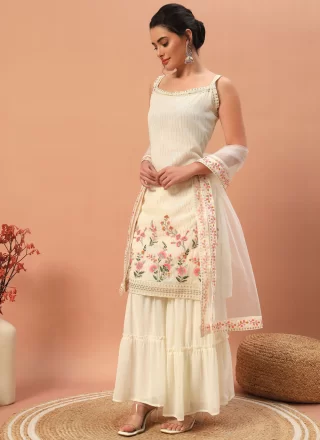 Embroidered and Sequins Work Georgette Readymade Salwar Suit In Cream