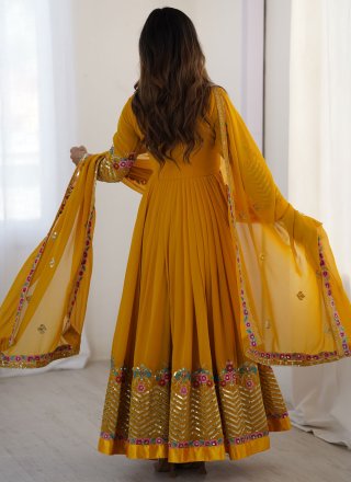 Embroidered and Sequins Work Georgette Salwar Suit In Yellow for Ceremonial
