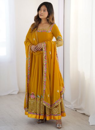 Embroidered and Sequins Work Georgette Salwar Suit In Yellow for Ceremonial