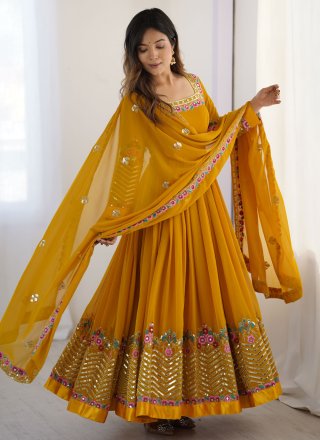 Embroidered and Sequins Work Georgette Salwar Suit In Yellow for Ceremonial