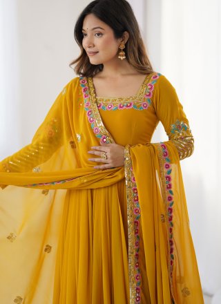 Embroidered and Sequins Work Georgette Salwar Suit In Yellow for Ceremonial