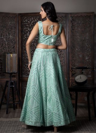Embroidered and Sequins Work Net Readymade Lehenga Choli In Aqua Blue