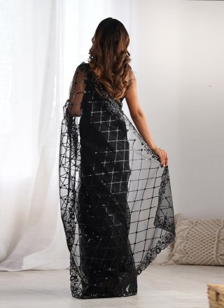 Embroidered and Sequins Work Net Trendy Saree In Black for Casual