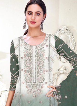 Embroidered and Sequins Work Organza Salwar Suit In Green Color