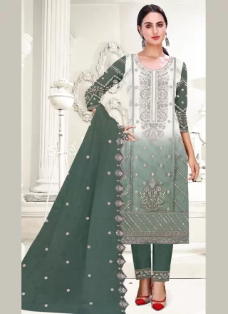 Embroidered and Sequins Work Organza Salwar Suit In Green Color