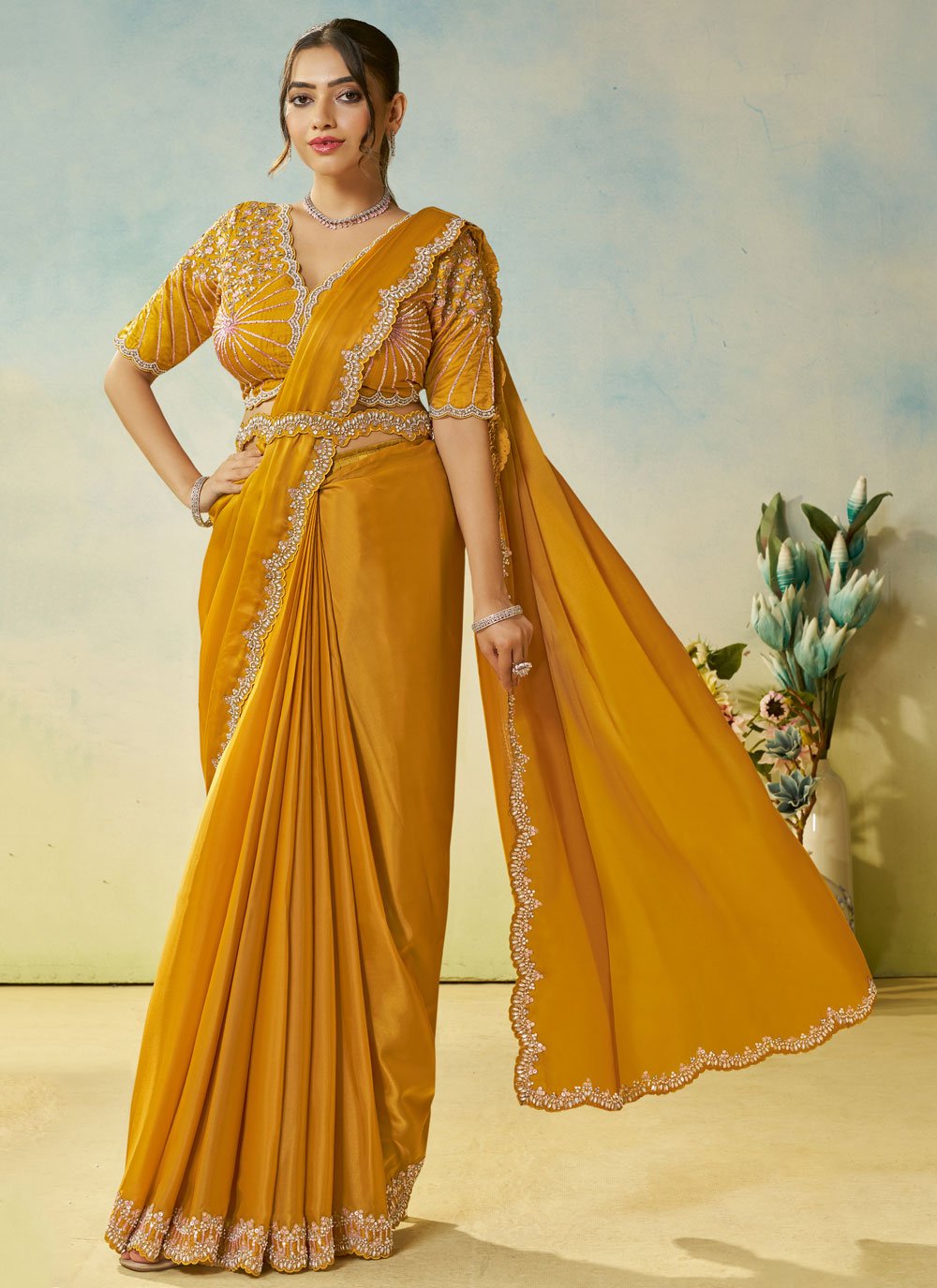 Plain Suit Shishe Wali Lace Ke Design Yellow Net Saree And Yellow
