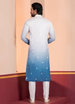 Embroidered and Sequins Work Silk Kurta Pyjama In Blue and White