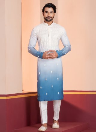 Embroidered and Sequins Work Silk Kurta Pyjama In Blue and White