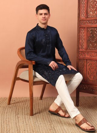 Embroidered and Sequins Work Silk Kurta Pyjama In Blue for Ceremonial