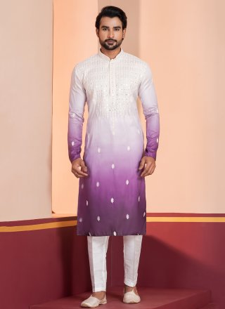 Embroidered and Sequins Work Silk Kurta Pyjama In Purple and White
