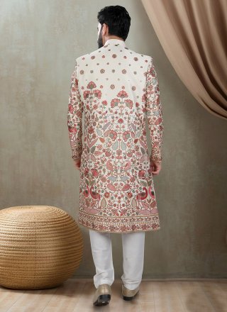 Embroidered and Sequins Work Silk Sherwani Mens Wear In Cream and Red