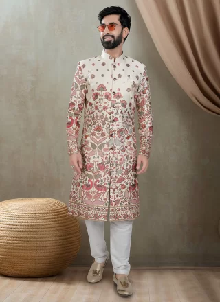 Embroidered and Sequins Work Silk Sherwani Mens Wear In Cream and Red