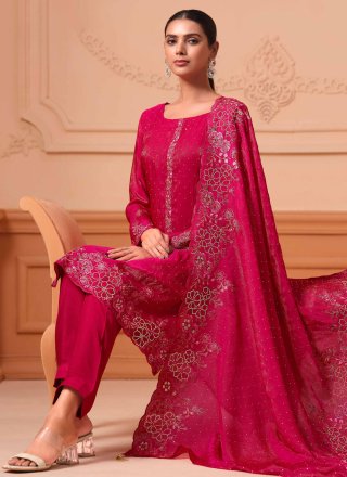 Embroidered and Stone Work Crush Salwar Suit In Rani for Ceremonial
