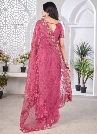 Embroidered and Stone Work Net Designer Saree In Pink Color