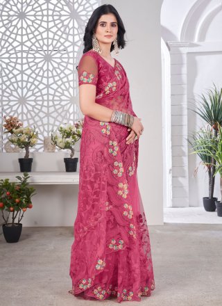 Embroidered and Stone Work Net Designer Saree In Pink Color