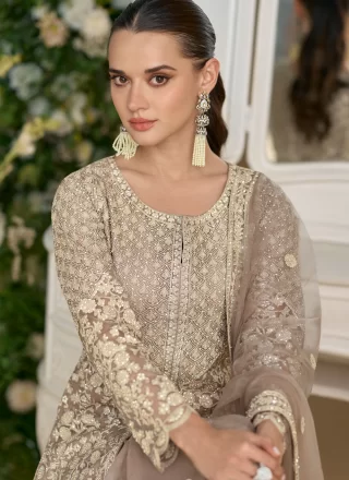 Embroidered and Stone Work Net Palazzo Salwar Suit In Brown Color