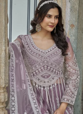 Embroidered and Stone Work Net Salwar Suit In Lavender for Ceremonial