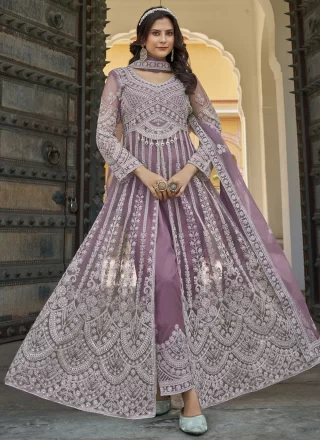 Embroidered and Stone Work Net Salwar Suit In Lavender for Ceremonial