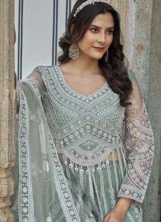 Embroidered and Stone Work Net Salwar Suit In Sea Green for Ceremonial