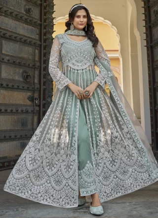 Embroidered and Stone Work Net Salwar Suit In Sea Green for Ceremonial