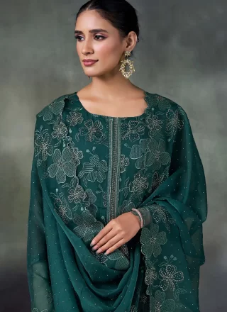 Embroidered and Swarovski Work Chiffon Salwar Suit In Teal