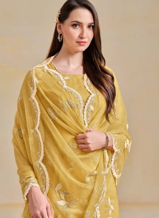 Embroidered and Swarovski Work Chiffon Salwar Suit In Yellow for Ceremonial