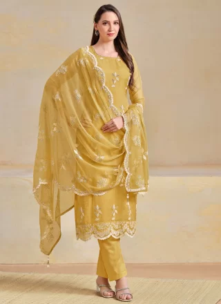 Embroidered and Swarovski Work Chiffon Salwar Suit In Yellow for Ceremonial