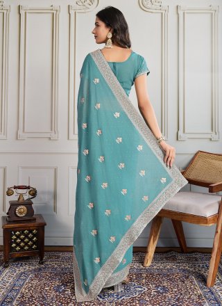 Embroidered and Swarovski Work Georgette Contemporary Saree In Sea Green