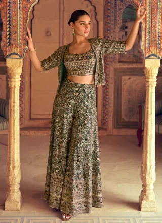 Embroidered and Swarovski Work Georgette Palazzo Salwar Suit In Green